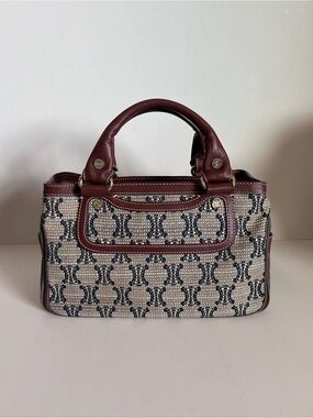 Celine Navy Monogram Woven Satchel with Burgundy Leather Trim